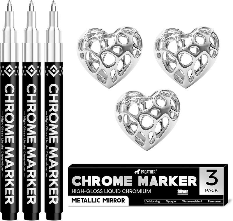 Pagather 3Pcs Chrome Paint Markers, Silver Permanent Mirror Liquid Chrome Pens for Plastic, Metal, Model, Jewelry, Wheel Painting, Touch Up & Repair Kit, DIY Art Projects - Image 1